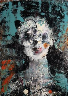 An abstract portrait of a figure rendered in textured layers of white, black, and teal.