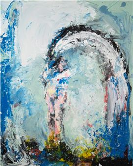 An abstract portrait featuring a face emerging from a vibrant, textured background.