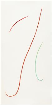 A minimalist abstract composition featuring three thin, curved lines in red and green against a plain background.