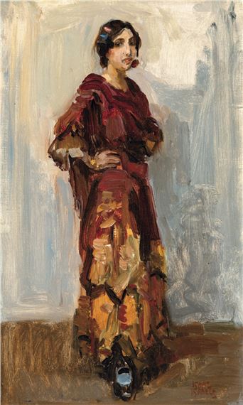 A figure in a richly textured dress stands against an abstract background.