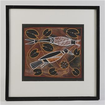 A framed artwork featuring stylized birds and lotus-like shapes on a textured brown background.