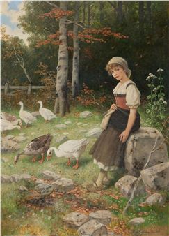 A pastoral scene featuring a young figure in traditional dress standing among geese in a sunlit woodland.