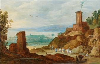 A classical landscape painting featuring a coastal scene with ruined towers, a fortified tower on a hill, and figures traversing the sandy shore.