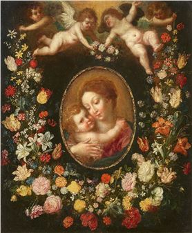 A classical painting of a mother and child surrounded by an elaborate floral wreath and cherubic figures.