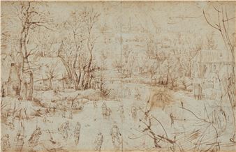 A monochromatic study of a frozen river scene with figures skating and ice fishing.