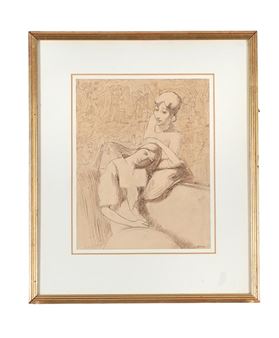 A framed sketch of two figures in an intimate embrace against a textured background.