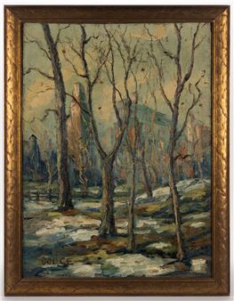 "A winter landscape painting featuring bare trees and a distant building under a muted sky."