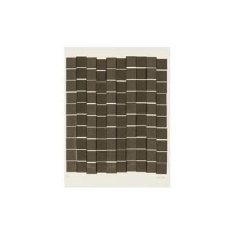 A minimalist grid of dark, textured rectangular blocks arranged in a staggered pattern against a neutral background.