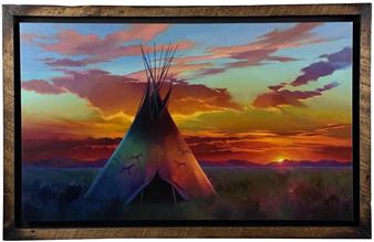 A colorful painting of a tipi at sunset with silhouetted birds on its fabric.