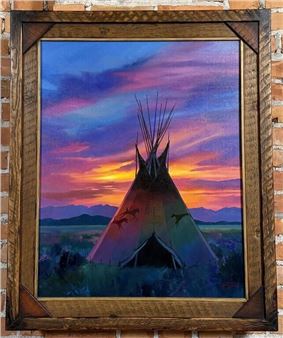 A colorful painting of a teepee at sunset, framed and mounted on brick.