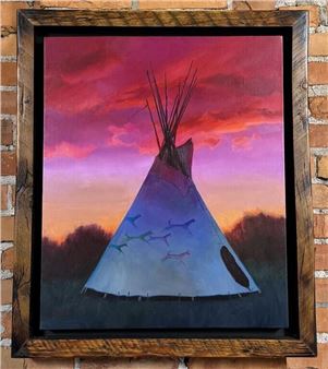 A framed painting of a teepee under a vibrant sunset sky with silhouetted birds.
