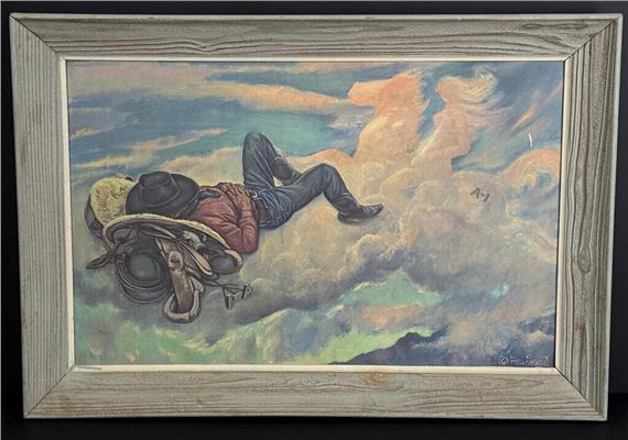 "A lone figure floats in the sky, tethered to a saddle by a rope.