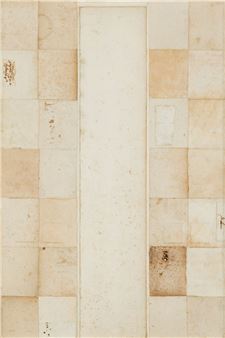 A minimalist abstract composition featuring a central vertical band flanked by irregular rectangular shapes in warm beige and tan tones.