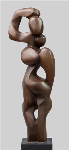 A bronze sculpture of a stylized human figure in a dynamic pose.