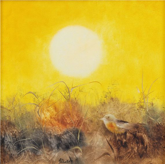 A small bird stands amidst tall grass under a bright, glowing sun.