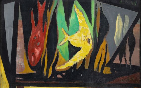 A vibrant abstract composition featuring stylized fish and figures against a dark background.