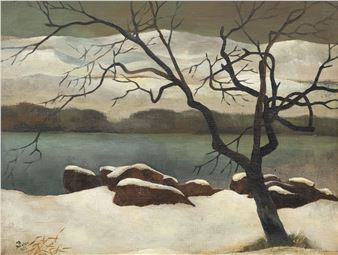 A winter landscape painting featuring a bare tree and snow-covered rocks by a lake.