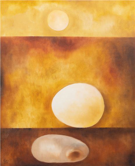 A minimalist painting featuring three white spheres against a warm, layered background.