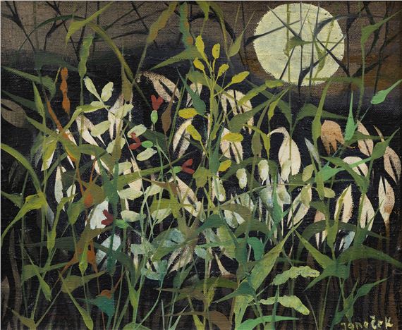 A stylized botanical painting featuring a dense cluster of green and yellow leaves against a dark background with a glowing circular light source.