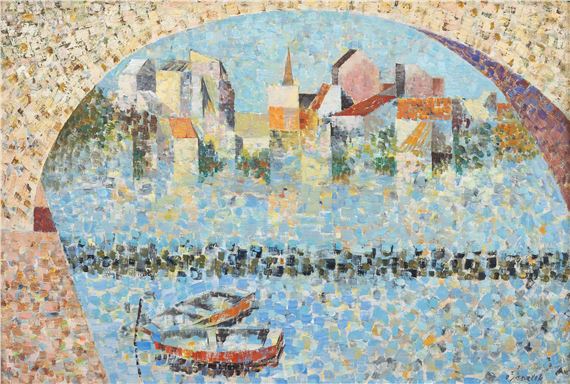 A mosaic-style view of a river town seen through an archway, featuring boats and buildings.