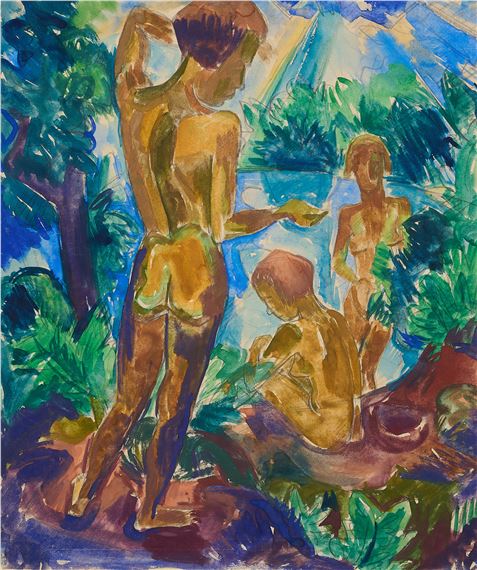 A vibrant watercolor scene of three nude figures in a sun-drenched landscape.