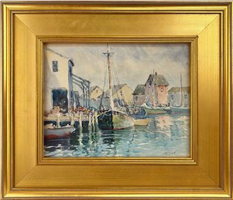 A watercolor scene of a quiet harbor with boats and buildings under an overcast sky.