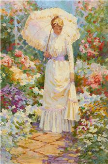 A woman in a white dress walks through a vibrant flower garden holding an umbrella.