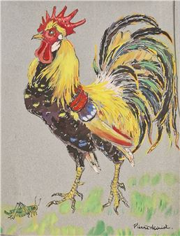 A vibrant, expressive painting of a rooster standing over a small insect.