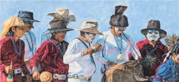 A group of figures in traditional attire perform a drumming ceremony under a bright sky.