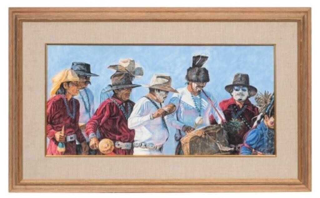 A group of figures in traditional attire perform a drumming ceremony under a bright sky.