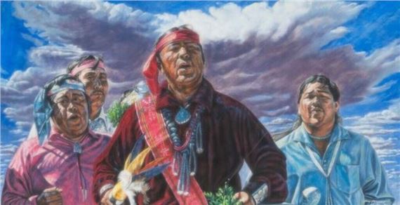 A vibrant painting of four figures in traditional attire against a dramatic sky.