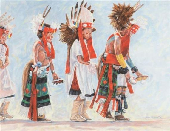 A watercolor painting of four figures in traditional regalia walking in a line.
