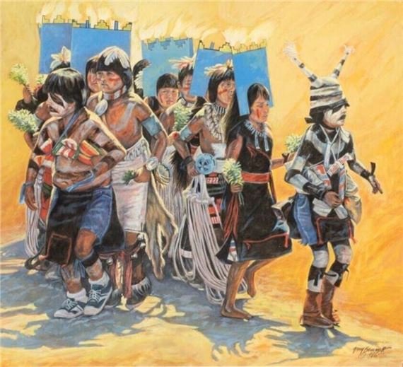 A group of figures in ceremonial attire walk forward against a warm, glowing background.