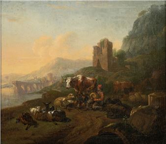 A pastoral landscape featuring a shepherd resting with cattle near ancient ruins.