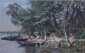 A serene riverbank scene featuring figures and boats under a canopy of trees.
