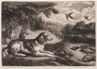 A monochromatic print of a dog resting near a stream with riders in the background.