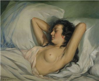 A nude figure lies in bed with arms behind head, eyes closed.