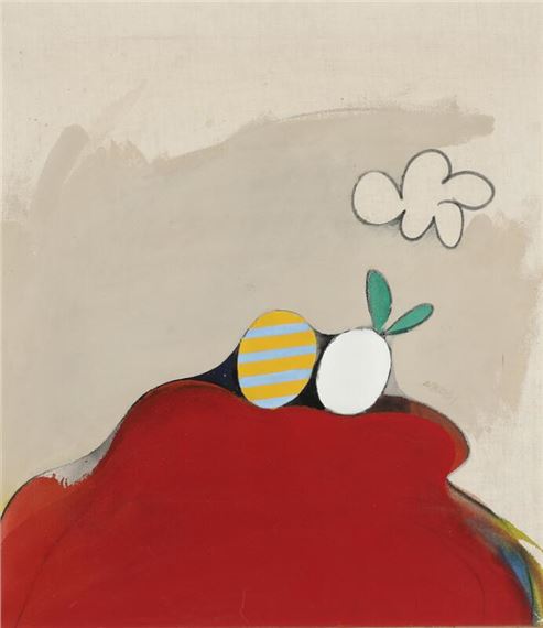 A whimsical composition featuring a red mound with striped and white objects, a green leaf, and a cloud-like shape against a beige background.