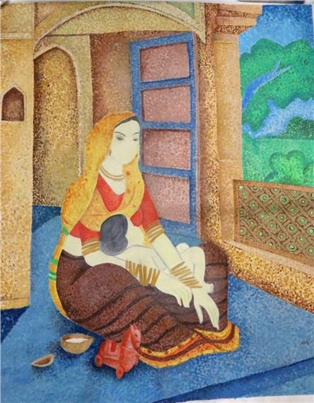 A seated female figure depicted in an interior setting, dressed in traditional attire and positioned beside an open architectural space - N.S. Bendre