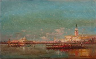 A painterly seascape of a distant city skyline under a hazy sky.