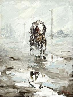 A snowy carriage scene rendered in a monochromatic palette with visible brushstrokes.