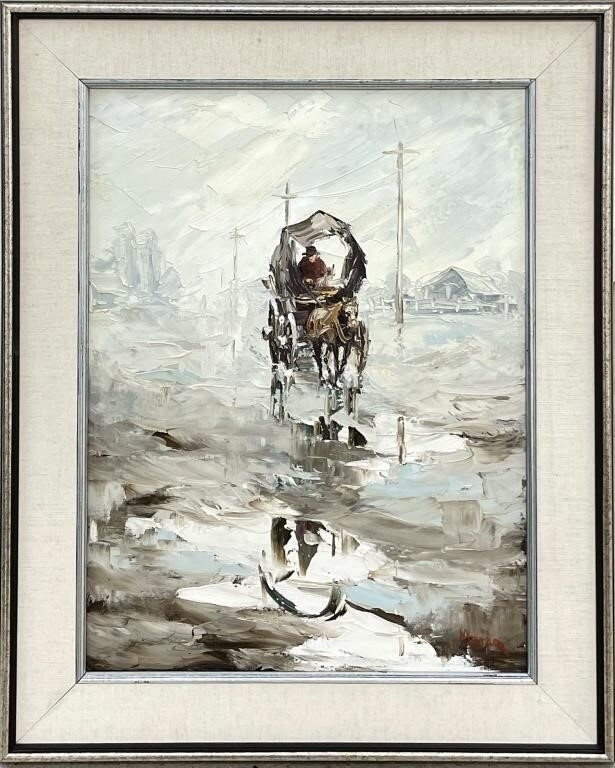 A snowy carriage scene rendered in a monochromatic palette with visible brushstrokes.
