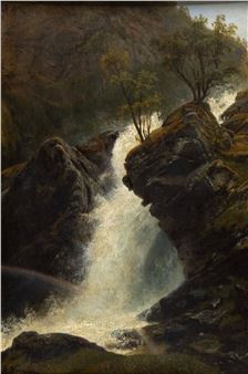 A dramatic landscape painting featuring a powerful waterfall cascading between dark, mossy rocks.