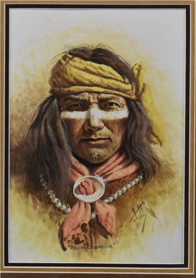 A portrait of a figure with long hair, face paint, and traditional accessories set against a warm background.
