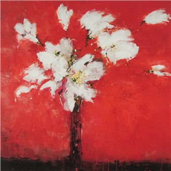 A bold red canvas featuring a white floral tree with expressive brushstrokes.