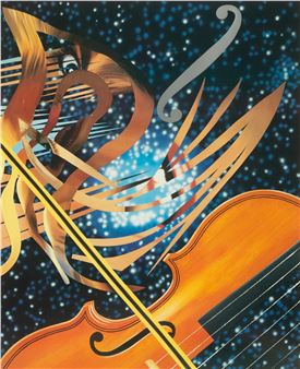 A dynamic composition featuring a violin and bow against a starry background.