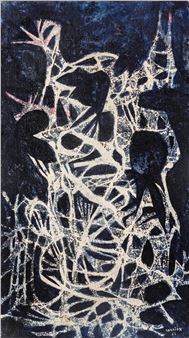 An abstract composition of white, organic forms against a deep blue background.