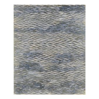 A textured abstract piece featuring layered wavy lines in muted blues and greys.