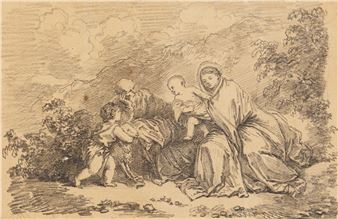 A classical etching of a seated mother holding a baby while two children play nearby in a wooded landscape.