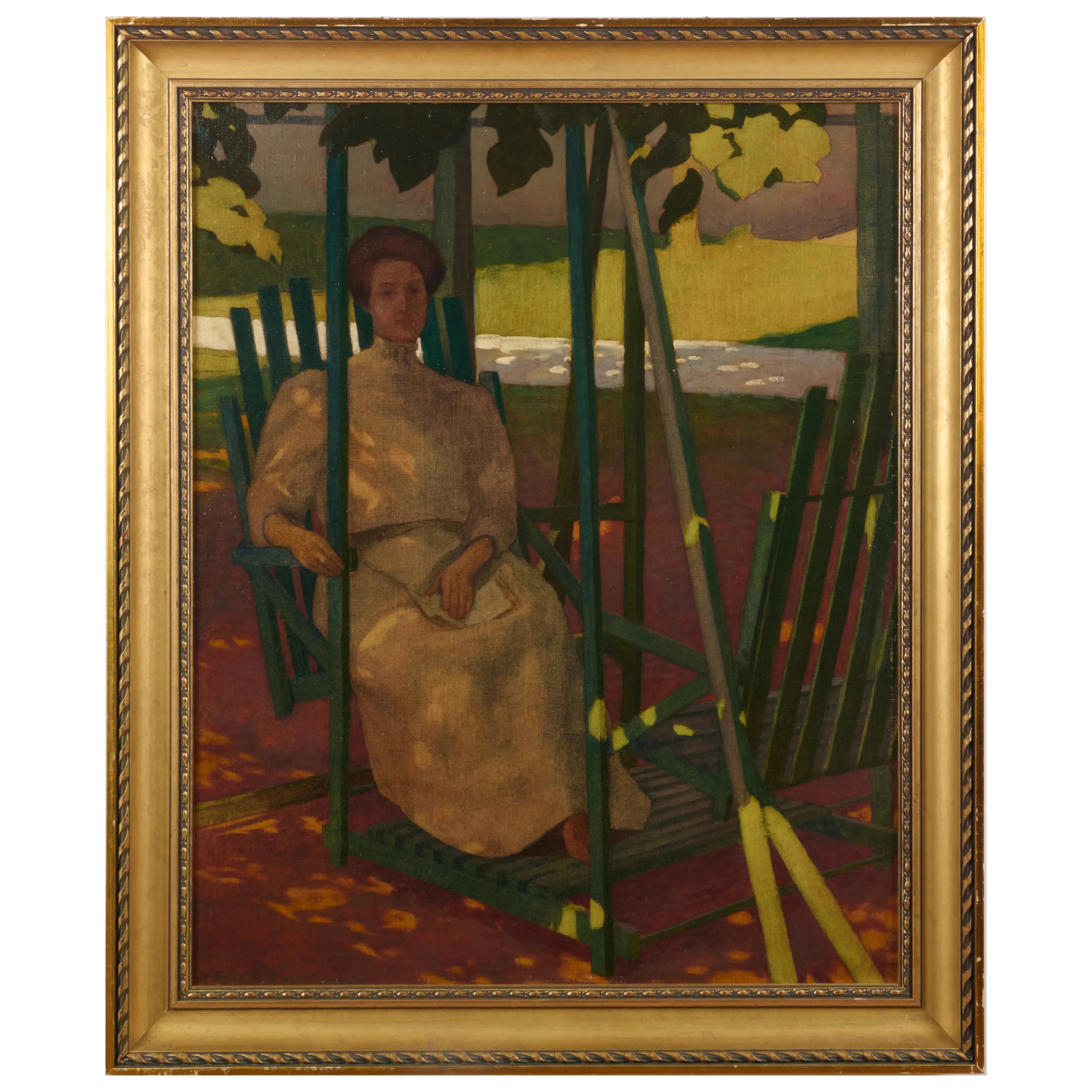 A figure in a long dress sits on a green chair under a pergola, surrounded by autumn leaves.